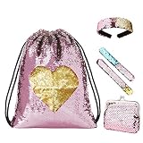 Wodasi Mermaid Pailletten Kordelzug Rucksack Glitzernde, Pailletten Tasche Mädchen Meerjungfrau Pailletten Tasche Kordelzug Pailletten mit Slap Armbänder und Stirnband für Mädchen,