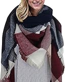 Damen Schal Kariert übergroßer Quadratisch Deckenschal Herbstschal Winterschal Karo Tartan Streifen Plaid Muster XXL Oversized Fransen Poncho, Weinrot, XXL