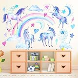 WandSticker4U®- Aquarell Wandtattoo EINHORN & REGENBOGEN I Wandbilder: 105x90 cm I Wandsticker Kinderzimmer Mädchen Pferd Unicon Poster Herz Sterne Aufkleber I Wand Deko fü