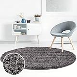Hochflor Teppich Shaggy Einfarbig Anthrazit - 160x160 cm Rund - Flauschig & Weich - Wohnzimmerteppiche - Langflorteppich Schlafzimmer Uni M