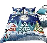 Loussiesd Weihnachts-Bettwäsche Set mit Weihnachtsmann in der Nacht Schneeflocken Blau Bettbezug Set 2-teilig mit Kissenbezügen 80x80