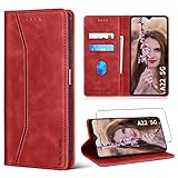 ivencase Handyhülle Kompatibel mit Samsung Galaxy A22 5G Hülle und Panzerglas Luxus PU Leder Tasche Flip Case Standfunktion Kartenfächer und Magnet Klappbar Stoßfeste Schutzhülle - R