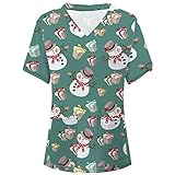 yiouyisheng Kasacks Damen Pflege Weihnachten Bunt Motive Arbeitsuniform Schlupfhemd Schlupfkasack Arbeitskleidung Christmas Print Kurzarm T-Shirt mit V-Ausschnitt und T