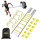 A11N SPORTS Speed & Agility Training Set Enthält 1 Widerstands-Fallschirm, 1 Koordinationsleiter, 4 verstellbare Hürden, 12 Scheiben-Kegel | Trainingsgerät für alle Sportarten, schwarz/gelb