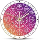 Ruhige, tickfreie runde Wanduhr für Schlafzimmer   und Büro，Digitales buntes Astrologiekreisdesign und Konstellationszeichen Acryl Abstrak