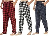 Herren-Pyjamahose aus Flanell, Büffelkariert, Pyjamahose aus Baumwolle, Pyjamahose mit Taschen, 3er-Pack, Rotes Karomuster, graues Karomuster und marineblaues Karomuster, Groß