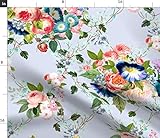 Spoonflower Stoff  Chintz Vintage Floral Blue Botanical Pink Englische Rose Garten Blumen gedruckt auf Leinen Baumwolle Canvas Stoff Meterware Nähen Home Decor Tischwäsche Kleidung T