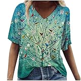 Masrin T-Shirt für Frauen Sommer lässig 3D Bunte Vogel Blume Tierdruck Tops Kurzarm V-Ausschnitt lose Tunika Bluse Streetwear(L,Himmelblau)