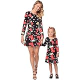 FYMNSI Weihnachten Mutter Tochter Partnerlook Kleid Damen Mädchen Langarm Weihnachtskleid Minikleid Weihnachtssocken Gedruckt A-Linie Festkleid Mama Baby Passend Familie Kleidung Abendkleid M