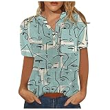 Damen Hemd mit V-Ausschnitt und Knöpfen Buntes Geometrisches Kurzarm T-Shirt Slouchy Top mit Sommerlichem Aufdruck Elegante Arbeits Oberteile B