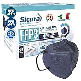 25x CE-zertifizierte FFP3 Masken Blau mit Schwarzen Gummibänder Made in Italy mit aufgedrucktem SICURA-Logo PFE ≥99% BFE ≥99% SANIFIZIERT einzeln versiegelt ISO 13485 und 9001