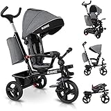 KIDIZ® Dreirad 5in1 Kinderdreirad mit Schubstange Lenksystem Stange ab 1 Jahr vorwärts und Rückwärtsfahrt Jogger, Korb Tasche Getränkehalter Sonnendach Gummiräder, Buggy Fahrrad Baby Klappbar G