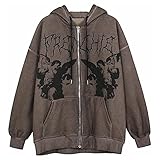 Yokbeer Angel Graphic Zip Up Hoodies für Frauen Oversized Y2k Sweatshirt Jacke E-Girl 90s Pullover Streetwear (Color : Brown, Size : L)