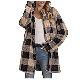 KGLHTYU Plüschmantel Damen Teddy: Fleecejacke Teddymäntel Flauschjacke mit Tasten Kuschelfleece Jacke Sweatjacke mit Teddyfutter Plüschjacke Teddy Teddyplüsch Jacke Cardigan Karodruck Schwarz S-XXL