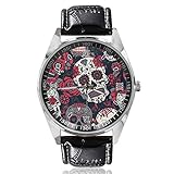 Damen-Armbanduhr mit Totenkopf-Rosen-Blumenmuster, schlicht, klassischer Stil, Sportuhr für Frauen,