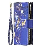 Miagon 9 Kartensteckplätzen Lederhülle für Samsung Galaxy A03S,Bunt Reißverschluss Flip Hülle Wallet Case Handyhülle PU Leder Tasche Schutzhülle,Blau Schmetterling