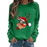 KILUS 2021 Winter Frauen Langarm Weihnachten Pullover Casual Sweatshirt Lose Xmas Cute Cartoon Jumper Tops, Grüner Hut Hirsch, 38