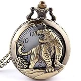 XQKQ Taschenuhr Bronze Tiger Hollow Quartz Taschenuhr Halskette Anhänger Damen Herren G