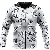 Mode Herren Hoodie Tattoo Schädel 3D Druck Kapuzen Sweatshirt Unisex Casual Streetwear, Kapuzenpullover mit Reißverschluss., X-S