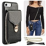 JLFCH , , Crossbody-Tasche, Wallet Case mit Kartenschlitz, Reißverschluss, Handgelenkschlaufe, Crossbody-Kette, Geldbörse für Apple iPhone 7/8/SE, 11,9 cm, Schw