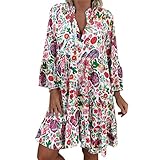 LOPILY Frauen Große Größen Blumenmuster Kleider Boho Stil Übergröße Sommerkleider Blumendruck Knielang Kleid Kurzarm Kleid Tunika Swing Kleid (Mehrfarbig, DE-48/CN-2XL)