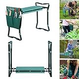 LZQ Kniebank Gartenarbeit Knie Stuhl Gartenhocker klappbar Gartenbank Garten Arbeitshocker Sitzbank Gartensitz bis 150 kg mit Werkzeugtasche, Eva-Schaumkissen Stahlrohr Grü