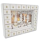 Wichtelstube-Kollektion Vintage Adventskalender Holz zum befüllen, Winterwald weiß XL-Schubfächer, Weihnachtsdeko Holz beleuchtet, Batteriebetrieb und T