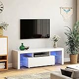 ADHW Fernsehschrank Holz TV Schrank Lowboard Fernsehtisch Unterschrank mit LED Beleuchtung Weiß Hochg