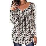 Damen Casual V-Ausschnitt Plissee Tunika Tops Bluse Henley Shirts Damen Rüschen lose Knopfleiste Shirt Casual Sommer Tops, A-Leopard, M
