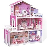 ROBUD Kinder Puppenhaus Spielzeug Set aus Holz Mädchen Puppenhaus Möbel und Zubehör Traum Puppenhausspielzeug mit 3 Spielebenen für Kinderzimmer oder S