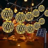 NLNEY LED Solar Marokkanische Lichterketten Außen, 7M 50er Goldene hohle Lichterkette Aussen, 8modi Wasserdicht Lichter Beleuchtung für Garten, Terrasse, Haus, Festival, Party（ Lichtfarbe：Warmweiß）