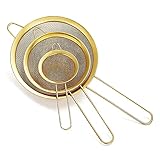 HOMQUEN Gold Fine Mesh Sieb 3-Teiliges Set, Golden Flour Sieb zum Backen, Edelstahl Clander, Gold Matcha Teesieb, Soßenabscheider, Stasher Sieb Nudelsieb