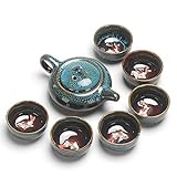 Kung Fu Tee-Set, handgefertigt, chinesisch/japanisch, Vintage, Porzellan, Teekanne, 6 Teetassen, Geschenkbox (himmelblau)