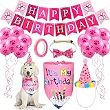 Skylety Hund Geburtstag Bandana Hut Set Hund Hut Hund Bandana Schal Glänzend Hund Fliege Halsband Hund Happy Birthday Banner und 10 Stück 10 Zoll Pfotenabdruck Luftballon mit Klebeband (Rosa)