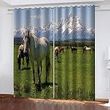 YTSDBB Verdunkelungsvorhang mit Ösen Pferdeherde auf grünem Grasland B 160 x H 115 cm 3D Digitaldruck Druckmuster Öse Thermisch isoliert 90% für Schlafzimmer Wohnzimmer ​Kinderzimmer Junge mit M