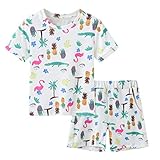 Julhold Kinderkleidung Bekleidungsset Kleinkind Kinder Baby Mädchen Jungen Cartoon Tops T-Shorts Set Pyjamas Outfits Kurzärmelige T-Shirt Top + Hosenanzug Sportkleidung(Rosenrot,100)