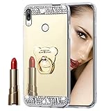 Glitzer Spiegel Hülle für Huawei P Smart Z Gold, Misstars Bling Diamant Strass Überzug TPU Handyhülle Ultradünn Kratzfest Schutzhülle mit Bär Ring Ständer für Huawei P Smart Z/Y9 Prime 2019