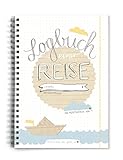 Reisetagebuch Logbuch einer Reise - A5 Tagebuch zum Selberschreiben mit Wetter, Stimmung und Zitatfeldern, Weiß Beige Blau, Vintage Design, ideal für Flitterwochen und lange R