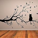 Cat on the branch wall sticker bird home decoration living room waterproof kitchen parenting wall decal -34.8x52.8