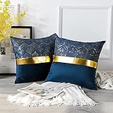 Artscope 2er Set Samt Kissenbezug für Sofa Auto Schlafzimmer Luxuriöser Moderne Minimalist Goldenen Ledernähten Wellenstreifen Dekokissen Kissenhülle Kissen Fall 45x45cm Dunkelb