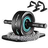 RHINOSPORT Bauchtrainer, AB Roller, Bauchroller, Bauchmuskeltrainer, 6 in 1, mit Fitnessband, Liegestütze, Kniematte, Fitness Geräte für Zuhause, für Männer und F