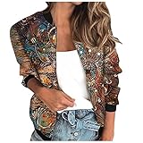 Vintage Drucken Bomberjacke Damen Langarm Stehkragen Blumen Fliegerjacke Mode College Jacke Retro Bunt Muster Bikerjacke Blumendruck Reißverschluss Funktionsjacke Herbst Frühling Übergangsjack