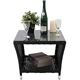 Eleganter Polyrattan Beistelltisch mit Tischglasplatte und Ablagefläche, 50x50cm - Schwarz - Gartentisch Teetisch Gartenmöbel Rattanmöb