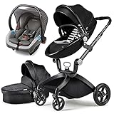 Hot Mom Klassik 2 in 1 Kinderwagen - Kombikinderwagen 3 in 1 Riesenset komplett set, Alu-Rahmen/Voll-Gummireifen/Regenschutz/Mosquitonetz Modell F22 (Schwarz-3in1) 2022 Sty