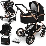 KIDUKU® 3 in 1 Kinderwagen Komplettset | Kombikinderwagen Set inkl. Babywanne Buggy Auto-Babyschale Fußsack | Voll-Gummireifen Wickeltasche Regenschutz Kindertisch (Schwarz/Gold)