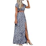 Damen Langes Kleid für Sommer, Frauen Mode Casual Bandage Shirt Lose Kurzarm Druck V-Ausschnitt Split Mitte Wade Kleid (Inklusive Gürtel)