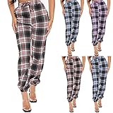 JIAYOUA Damen Hose Plaid Drucken Haremshose Übergröße Baggy Hohe Taille Hose Frauen Beiläufige Bequeme Karierte Hose mit Taschen und Kordelzug Mode Lose Straight Bein F