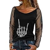 Party Oberteile Frauen Strass Mesh Sheer Durchsichtige T-Shirt Freizeit Atmungsaktiv Sweatshirt Rundhals Bequem Langarmshirt Schlank Basic Pullover Slim Fit Tops für Frühling und Herbst(Grau,XL)