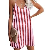 Kurze Kleider Damen Ärmellos Sexy V-Ausschnitt Sling Kleid Damen Sommer Reise Urlaub Strandkleid Damen Loose Atmungsaktiv Gestreift Freizeitkleid Damen B-Red 3XL