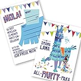 12 Lama Einladungskarten | lustige Einladung zum Kinder-Geburtstag für Jungen Mädchen und Erwachsene | passend zu jeder Party (blau)